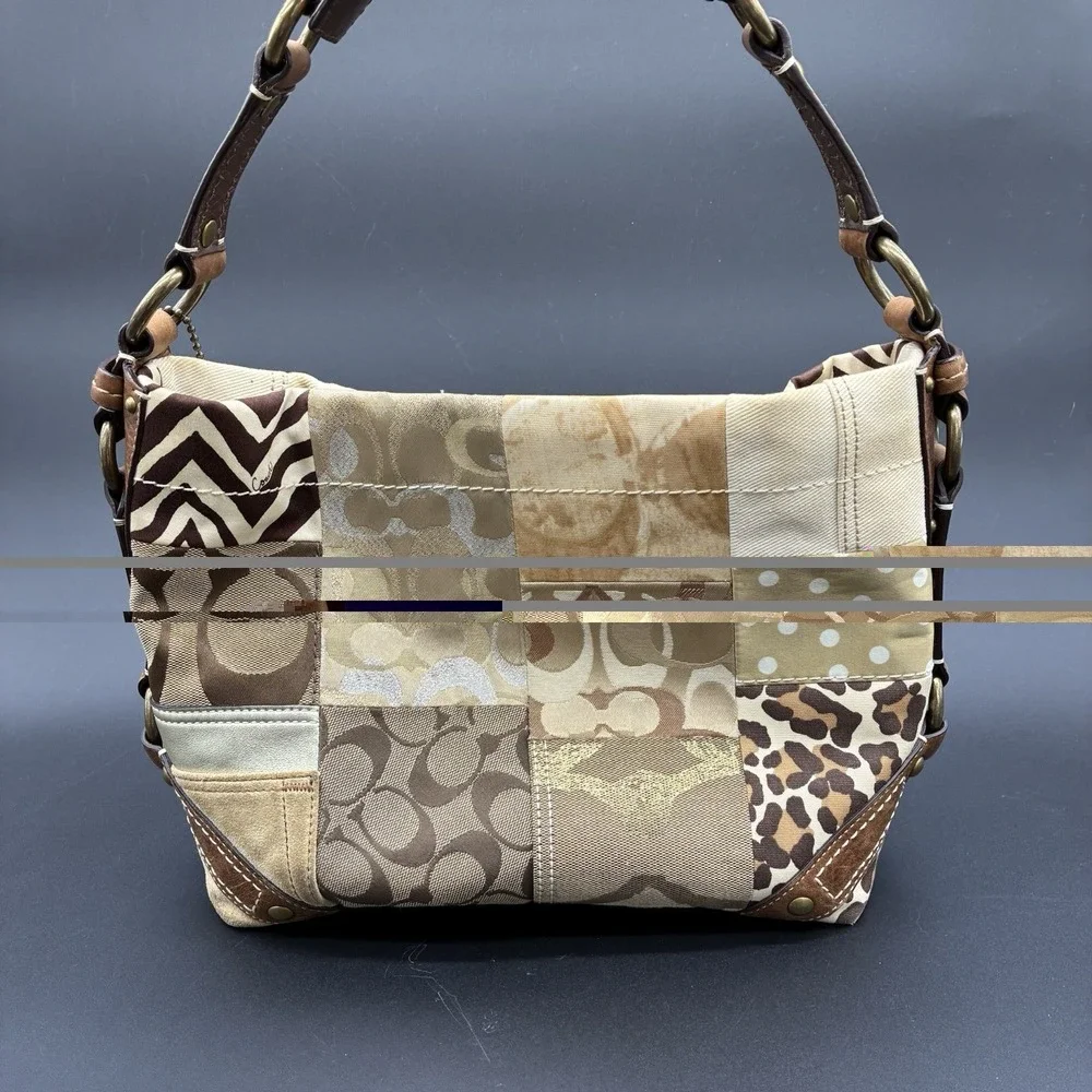 Coach Carly 10814 Y2K Patchwork Signature Hobo Shoulder Bag Brown‎ Tan Canvas